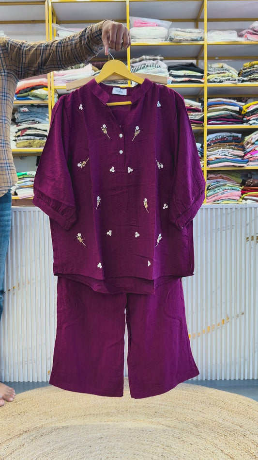 WINE  EMBROIDERY COORD SET