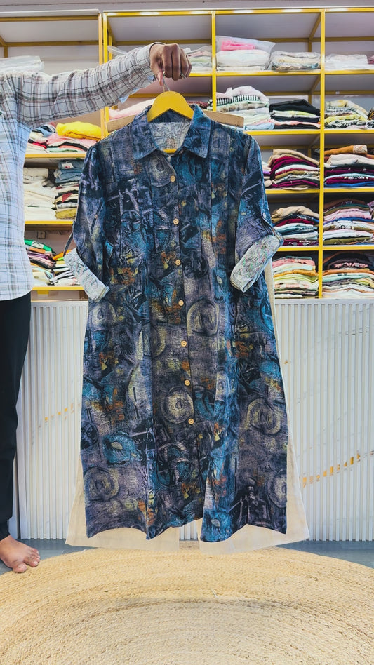 LONG  LINEN PRINTED TUNIC TOP  WITH LINEN PANT SET