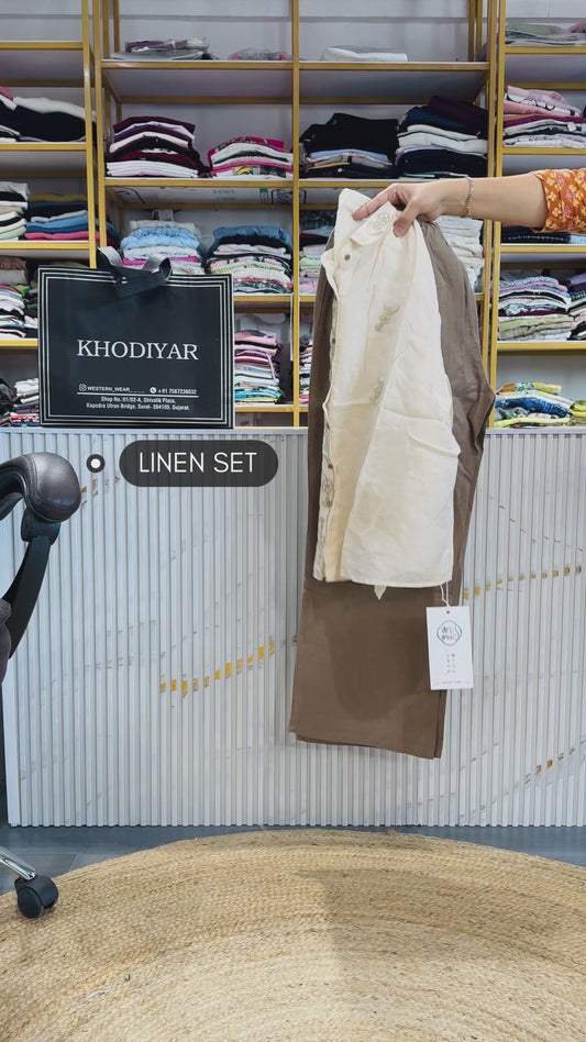 OFF WHITE EMBROIDERY LINEN TOP WITH LINEN PANT SET