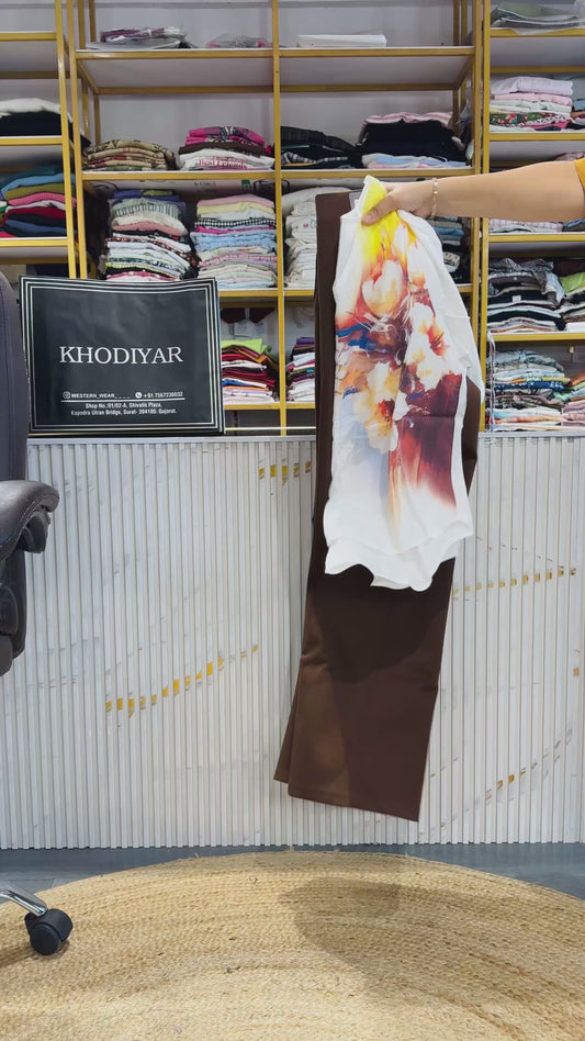 WHITE PRINTED COTTON TOP  WITH BELL BOTTOM  PANT SET