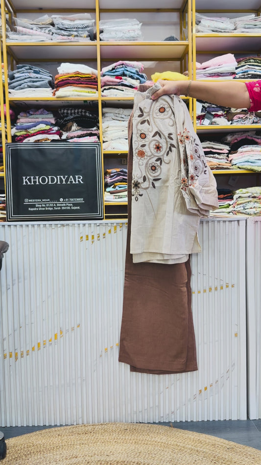 EMBROIDERY COTTON TOP WITH LINEN PANT SET
