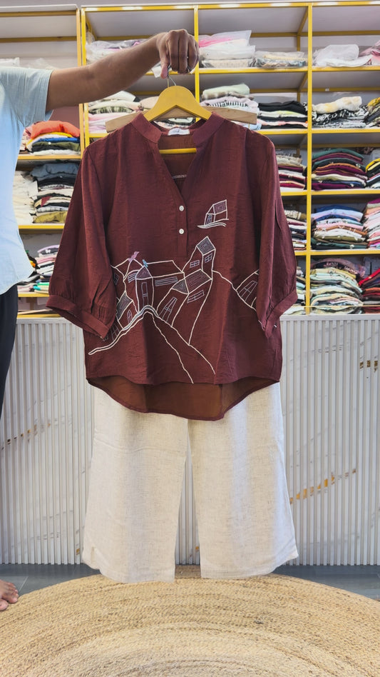 RUST HOUSE  EMBROIDERY TOP WITH LINEN PANT SET