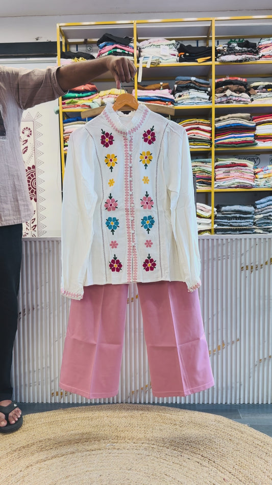 FLOWER EMBROIDERY TOP  WITH BELL BOTTOM PANT SET