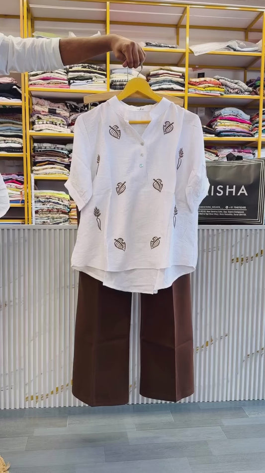 CASUAL WHITE EMBROIDERY TOP WITH BELL BOTTOM PANT SET