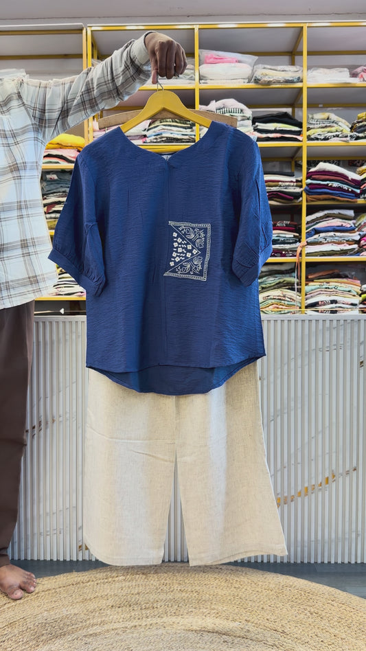 LIGHT ROYAL BLUE  EMBROIDERY CASUAL TOP WITH LINEN PANT SET