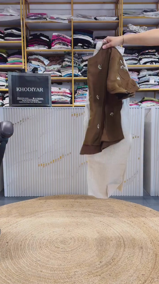 BROWN EMBROIDERY TOP WITH LINEN PANT SET