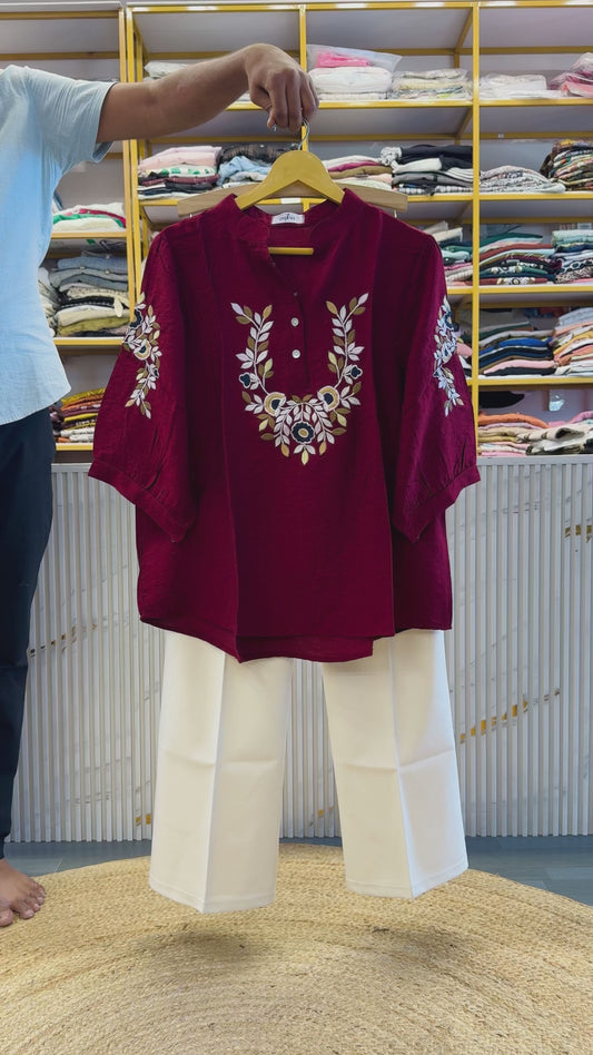MAROON REDISH EMBROIDERY TOP WITH BELL BOTTOM TROUSER PANT SET