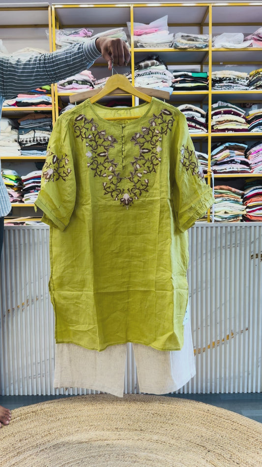 EMBROIDERY LINEN LONG TUNIC WITH LINEN PANT SET