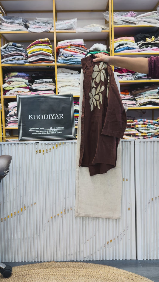 BROWN LINEN EMBROIDERY TOP  WITH LINEN PANT SET