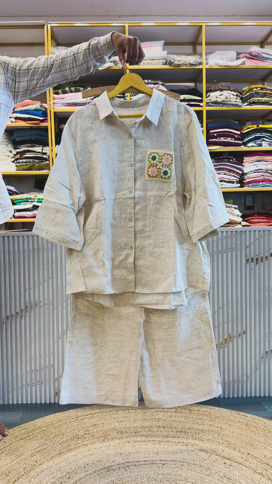 CROCHET POCKET LINEN TOP WITH LINEN COMFORTABLE PANT SET