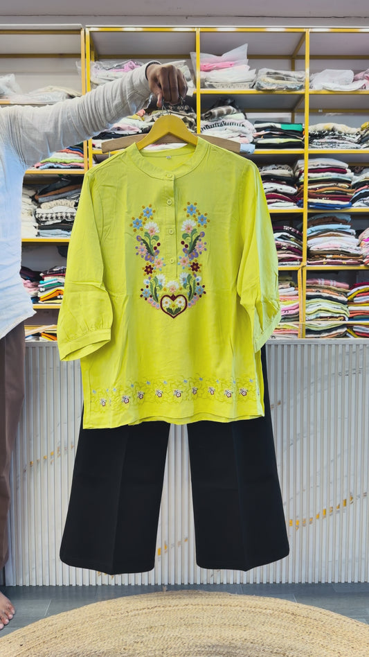 GREEN EMBROIDERY TOP WITH BELL BOTTOM PANT SET