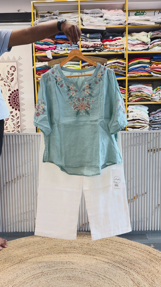 SEA GREEN LINEN EMBROIDERY TOP WITH LINEN STRAIGHT PANT SET