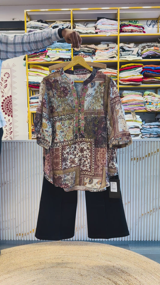 DIAMOND STONE PATTERN PRINT TOP  WITH BELL BOTTOM PANT SET