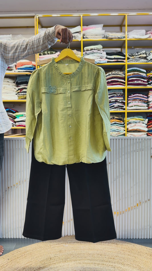 GREEN TRENDY FANCY TOP WITH BELL BOTTOM PANT SET