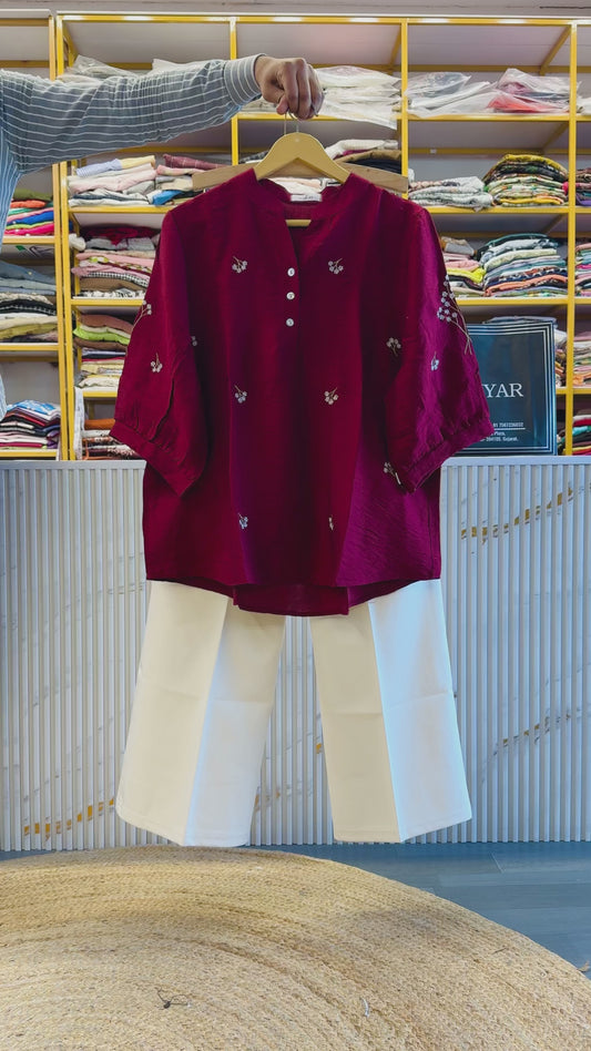 MAROON CASUAL EMBROIDERY TOP  WITH BELL BOTTOM PANT SET