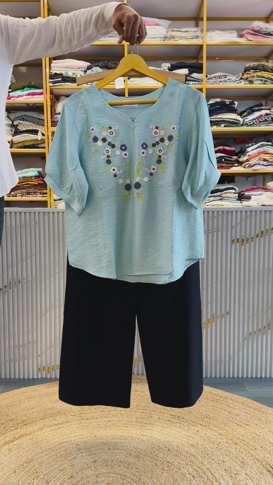 SKY  EMBROIDERY CASUAL TOP WITH LINEN PANT SET