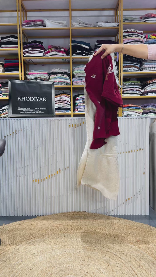 MAROON REDISH EMBROIDERY TOP WITH LINEN PANT SET