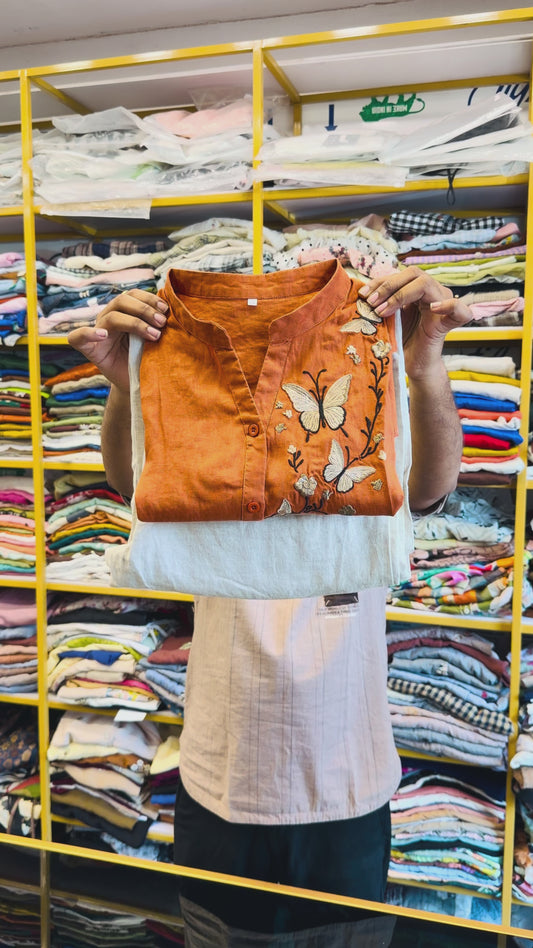 BUTTERFLY EMBROIDERY PURE LINEN COORD SET