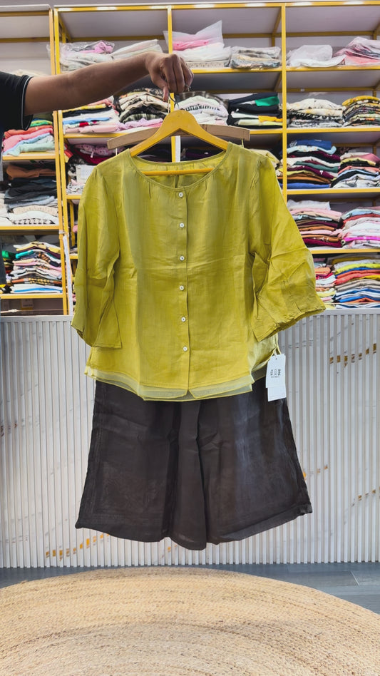 MASTARD GREEN PLAIN LINE TOP WITH BOTTOM EMBROIDERY GREENISH BROWN SHADE LINEN PANT SET