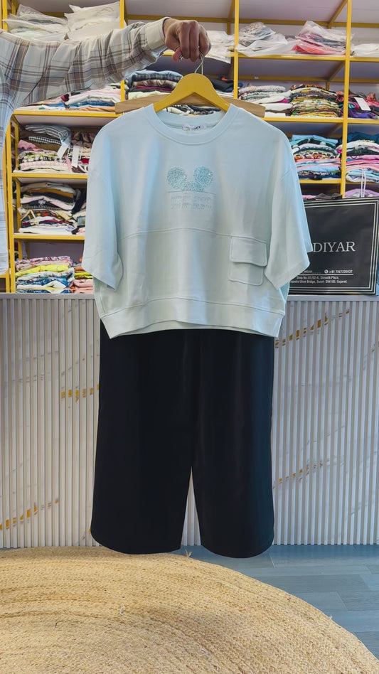 MICKEY MOUSE CROP TAHIRT WITH BLACK GUCCI BUCKLE PANT