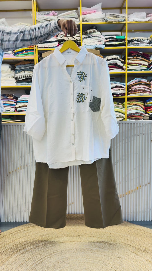 SMALL CHEX POCKET EMBROIDERY SHIRT WITH BELL BOTTOM PANT SET