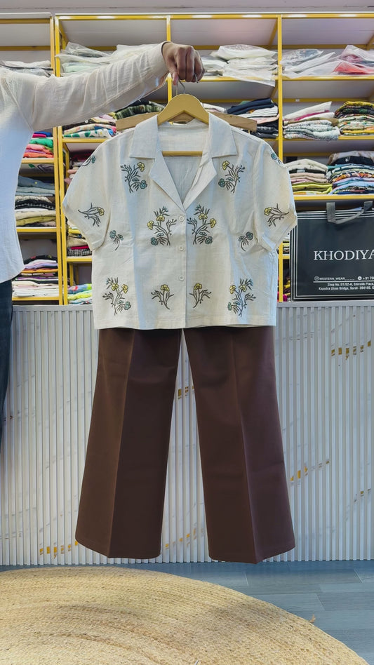 OFF WHITE CROP EMBROIDERY TOP WITH BELL BOTTOM PANT SET