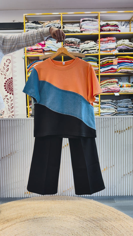 STRIPS DENIM TSHIRT WITH BELL BOTTOM PANT SET