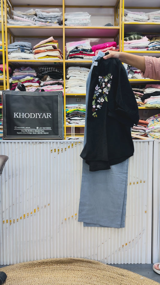 BLACK EMBROIDERY CASUAL TOP WITH LINEN PANT SET