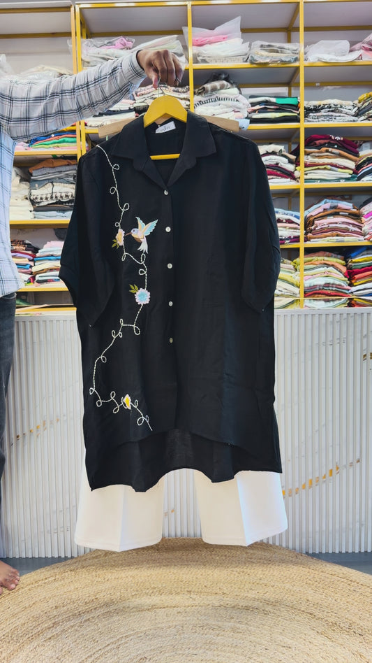 WINE  BIRD EMBROIDERY A LINE LONG TUNIC TOP  WITH BELL BOTTOM PANT SET
