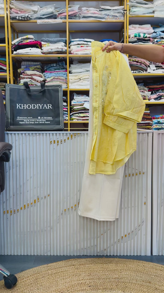 LIME YELLOW PEARL BID EMBELISH SHIRT WITH BELL BOTTOM STRETCHABLE TROUSER PANT SET