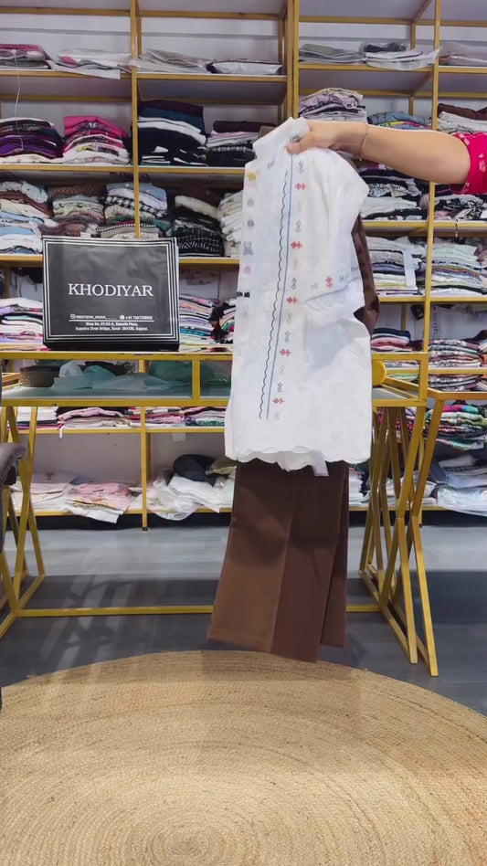 WHITE CHICKEN EMBROIDERY COTTON TOP  WITH BELL BOTTOM TROUSER SET