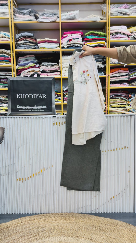 OFF WHITE MUSIC EMBROIDERY CASUAL TOP WITH LINEN PANT SET
