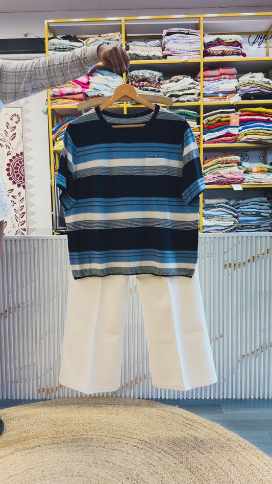 STRIPS SOFT KNITTING TSHIRT WITH BELL BOTTOM PANT SET