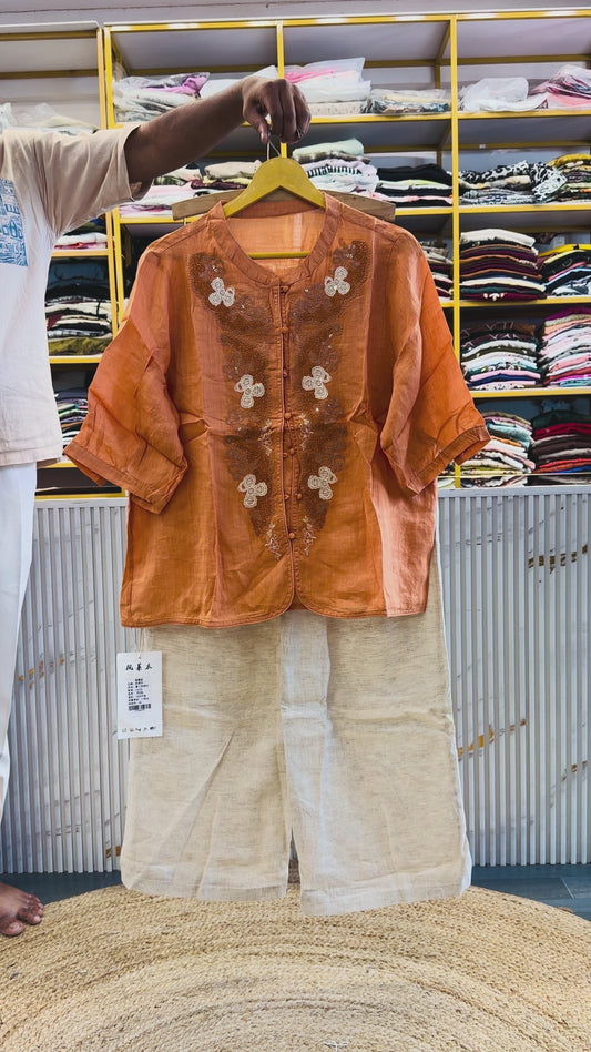 LIGHT ORANGE EMBROIDERY LINEN TOP WITH LINEN COMFORTABLE PANT SET