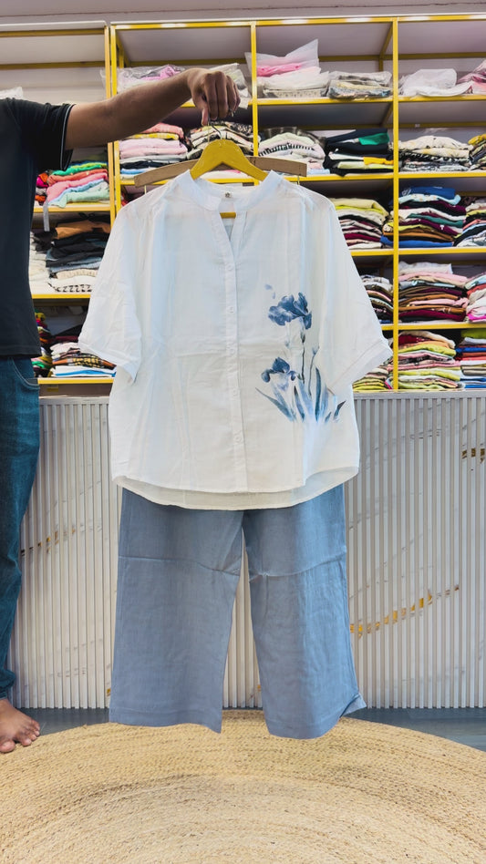 WHITE MUL COTTON PRINT SHIRTWITH LINEN PANT SET