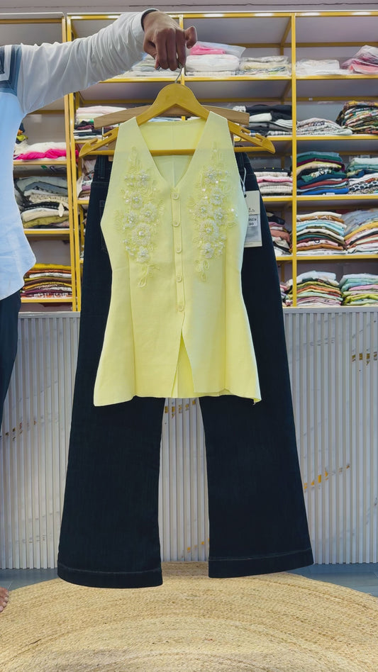 LEMON SLEEVE LESS WEST TOP WITH BELL BOTTOM DENIM PANT SET