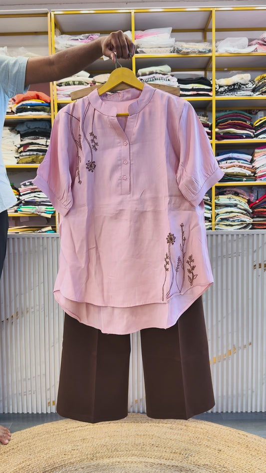PINK EMBROIDERY TUNIC TOP WITH BELL BOTTOM PANT SET