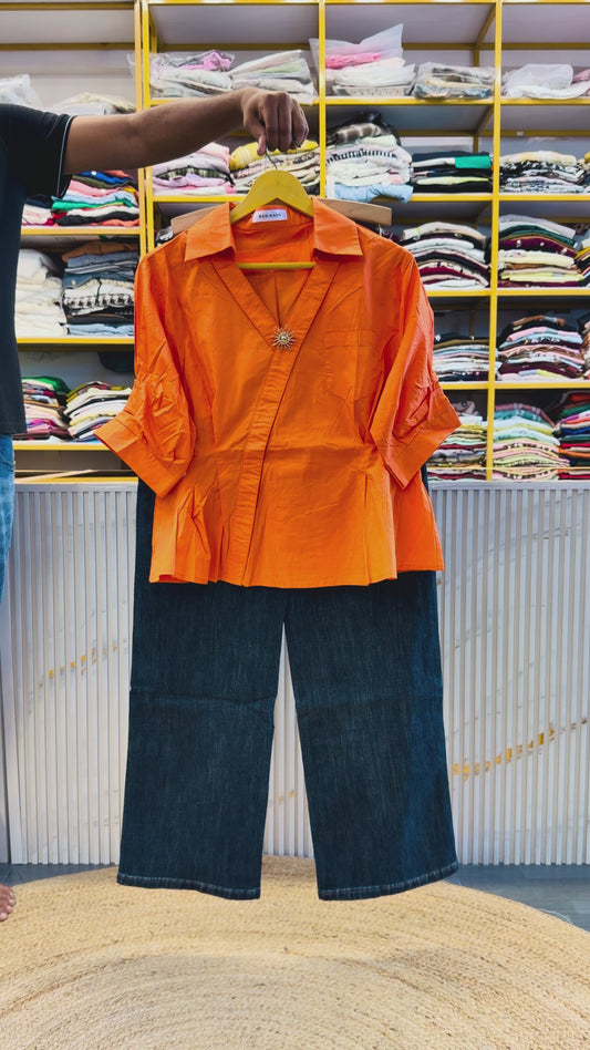 ORANGE TRENDY TOP WITH IMPORTED SOFT DENIM PANT SET