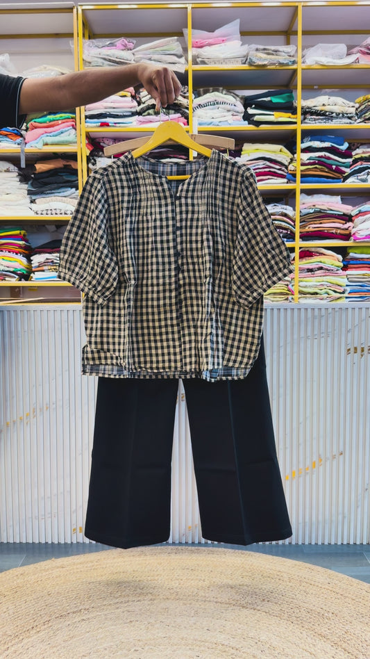CHEX MUL COTTON TOP WITH BELL BOTTOM PANT SET