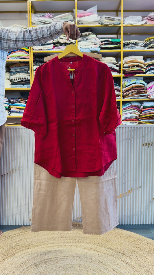 RED BACK EMBROIDERY EMBROIDERY LINEN TOP WITH LINEN STRAIGHT PANT SET