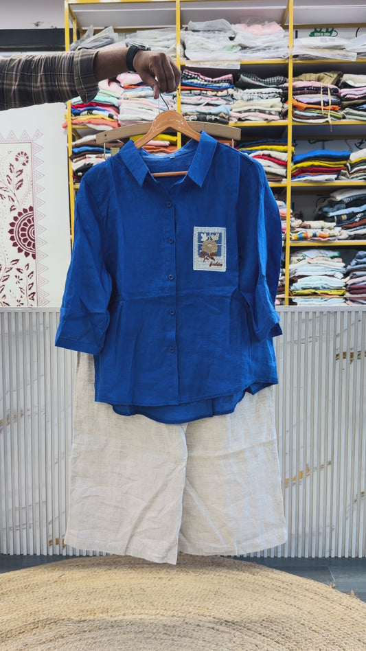 EMBROIDERY POCKET LINEN SHIRT WITH PURE LINEN PANT COORD SET