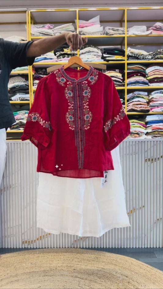 RED LINEN EMBROIDERY TOP  WITH LINEN COMFORTABLE PANT SET