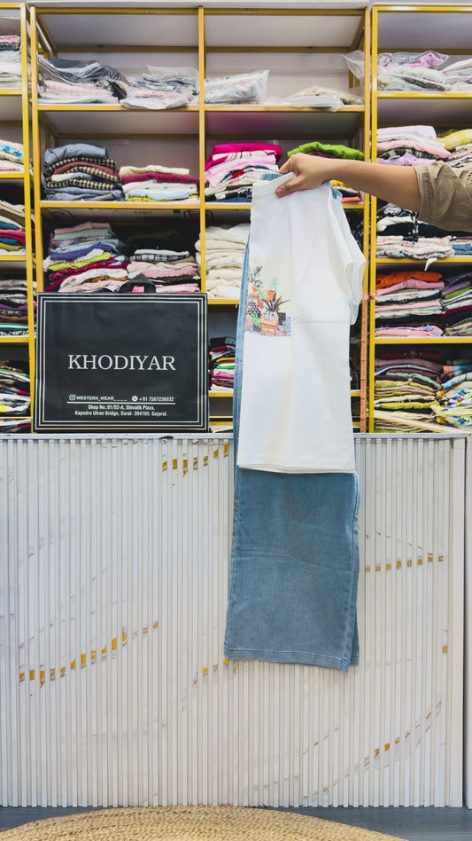 WHITE PRINT CASUAL TSHIRT WITH SOFT DENIM PANT SET