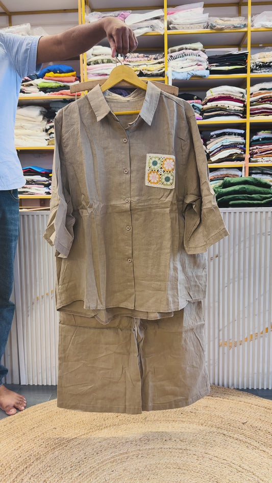 KHAKHI SHADE CROCHET POCKET LINEN TOP WITH LINEN COMFORTABLE PANT SET