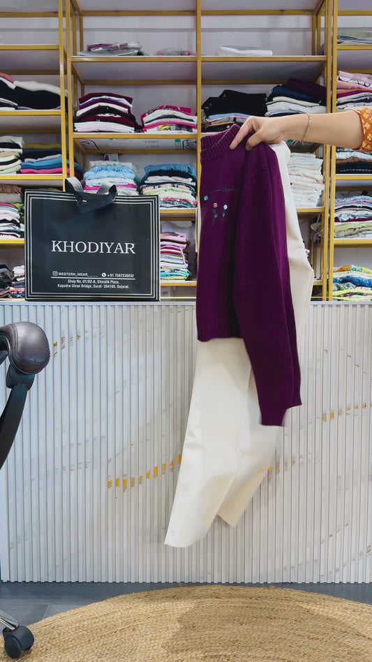 WINE EMBROIDERY SOFT SWATE CROP TOP WITH BELL BOTTOM TROUSER PANT SET