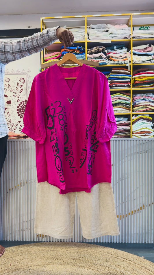V NECK HOT PINK TOP WITH LINEN PANT SET
