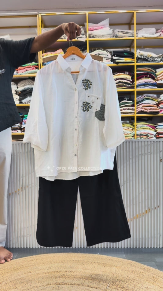 WHITE EMBROIDERY CASUAL SHIRT  WITH LINEN PANT SET