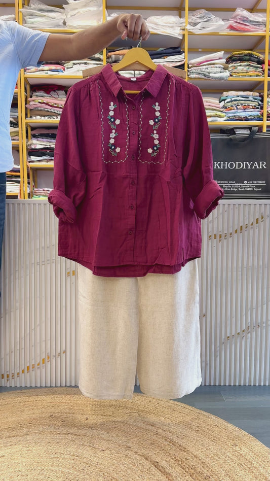 LIGHT MAROON EMBROIDERY MUL COTTON SHIRT WITH LINEN PANT SET