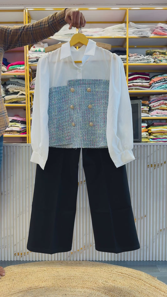 PARTYWEAR FANCY TOP WITH BELL BOTTOM STRETCHABLE TROUSER PANT SET