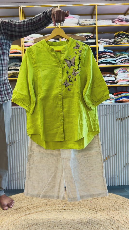 NEON PARROT GREEN BUTTERFLY EMBROIDERY LINEN TOP WITH LINEN COMFORTABLE PANT SET